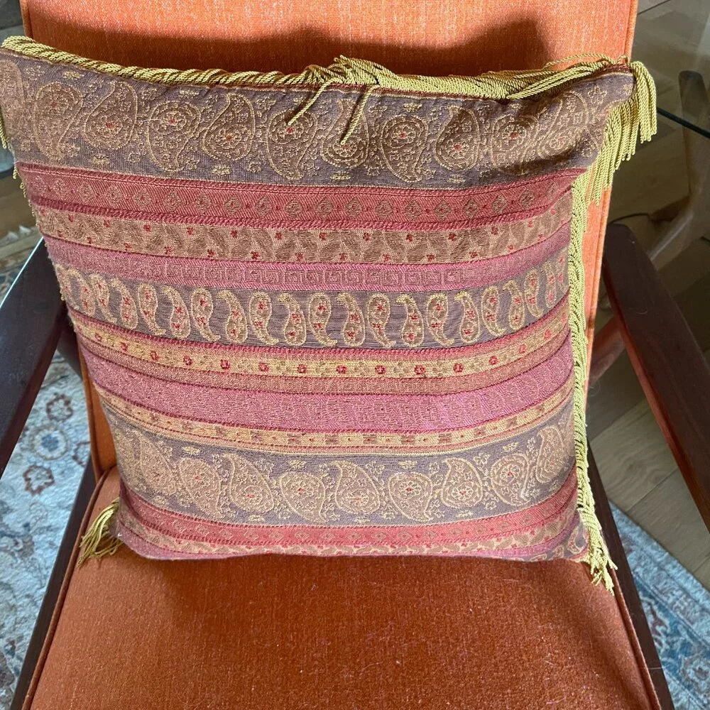 ARHAUS Cotton Orange/Red Paisley Greek Key with Gold Fringe Down Throw Pillow